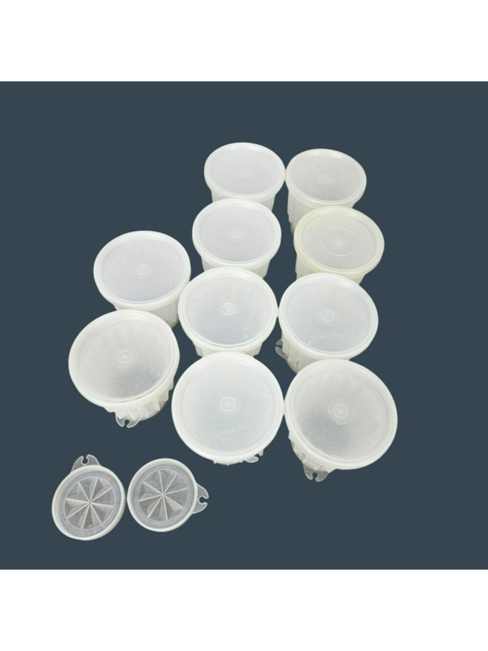 Tupperware Set Of 10 White Mini Jello Molds With Lids And Citrus Juicer Attachme